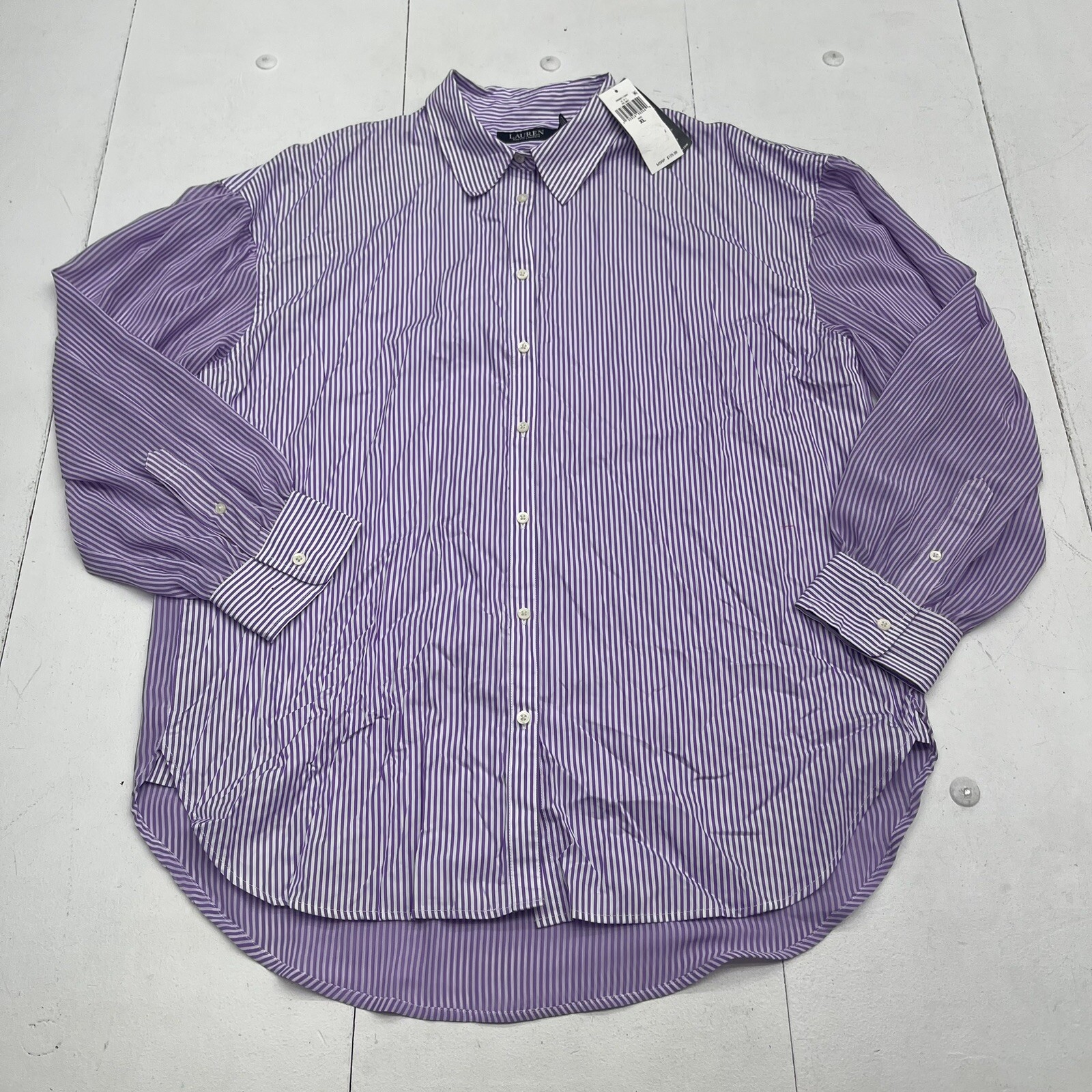 Lauren Ralph Lauren Purple Stripe Broadcloth Long Sleeve Button Up Women XL New