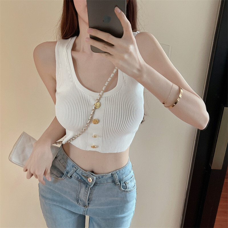 Women’s Spring and Summer Suspenders Tight V-neck Knitted Undershirt Short Tops