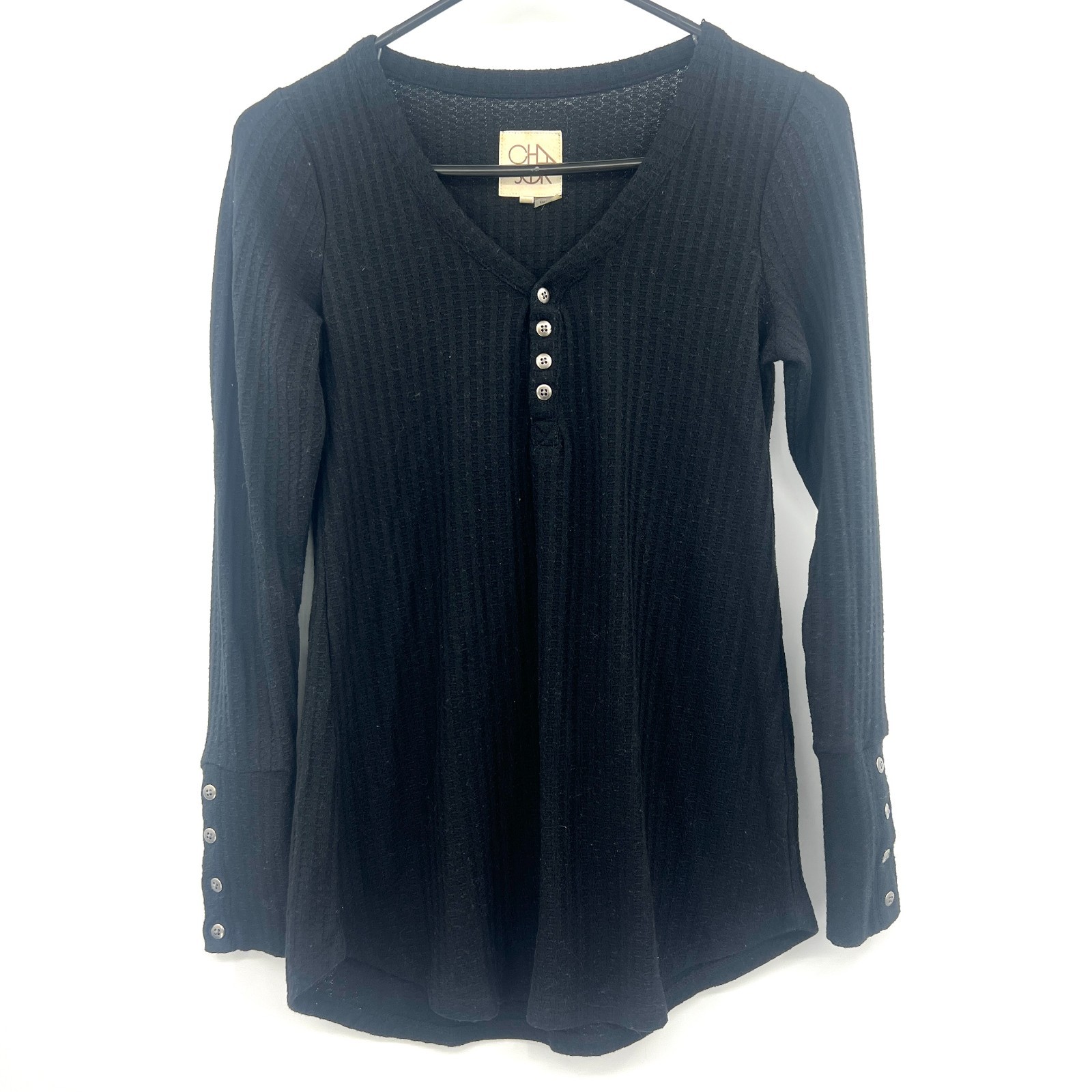 Chaser Waffle Knit Black Long Sleeve Tunic Tee Women’s Small