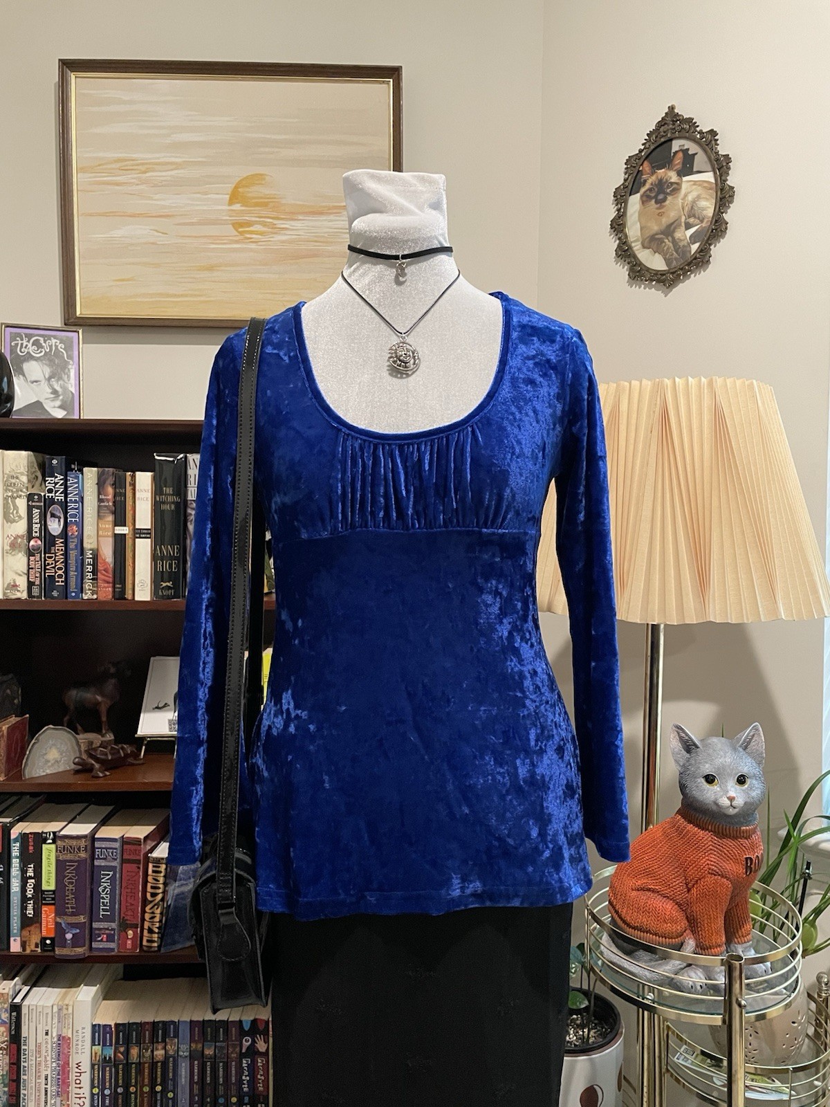 Vintage 90s In Charge Royal Blue Crushed Velvet Bell Sleeve Top XS Whimsigoth