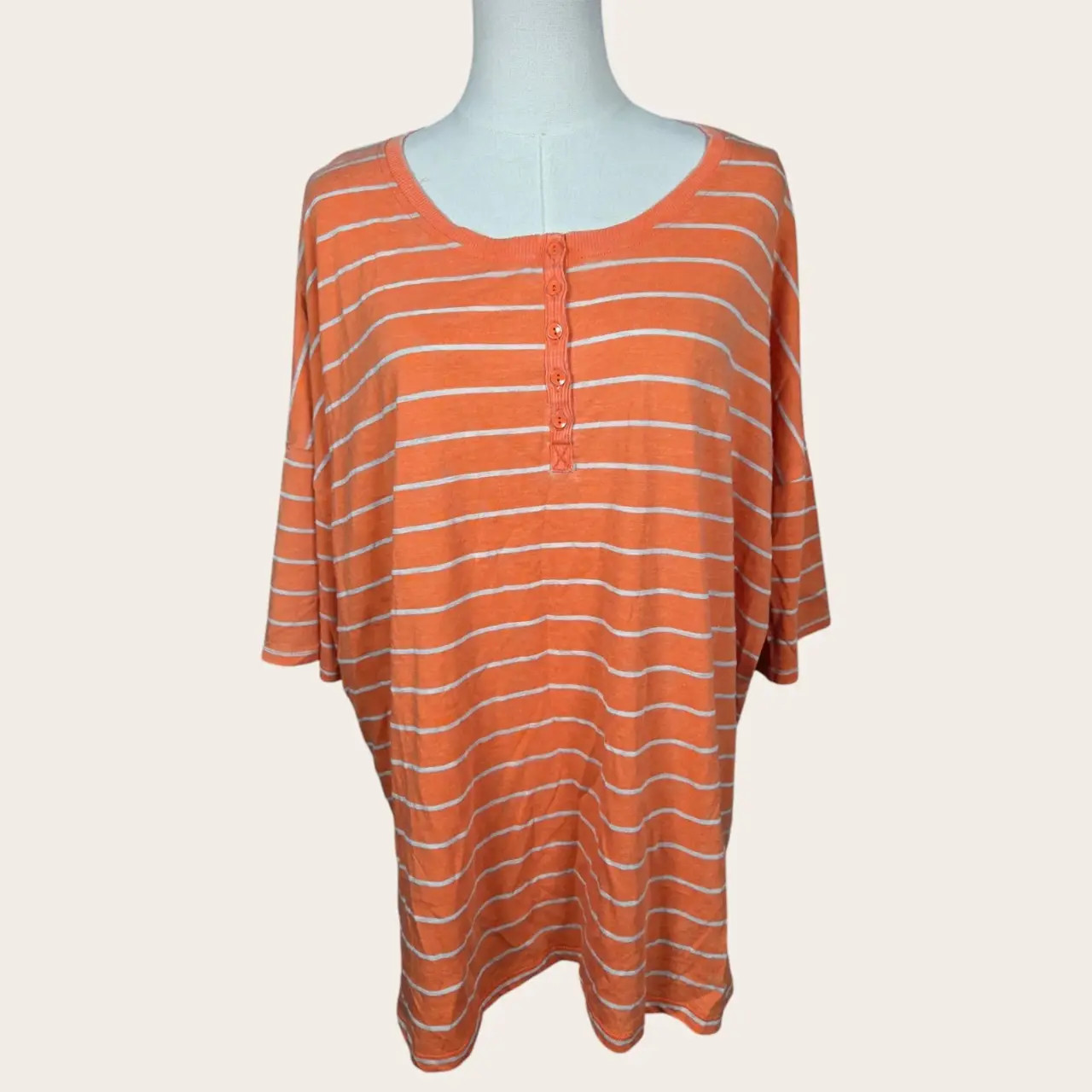 Bass Women’s XL Orange White Striped 3/4 Sleeve Henley Top