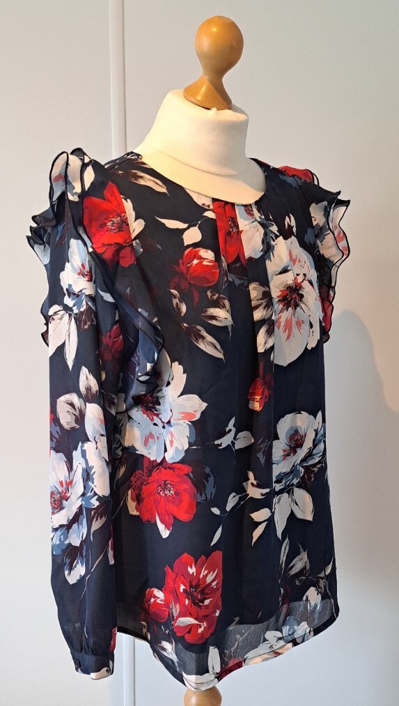 JOE BROWNS WOMENS NAVY BLUE FLORAL RUFFLE SHOULDER LONG SLEEVE BLOUSE UK SIZE 14
