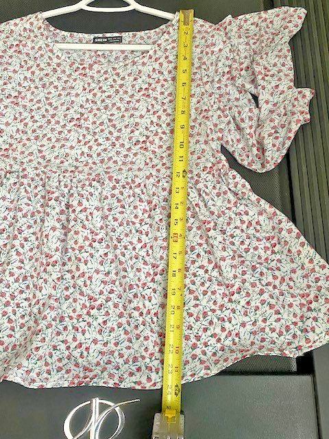 NEW SHEIN Pink White Floral Empire Waist Blouse Size S US 4 Bell Sleeve