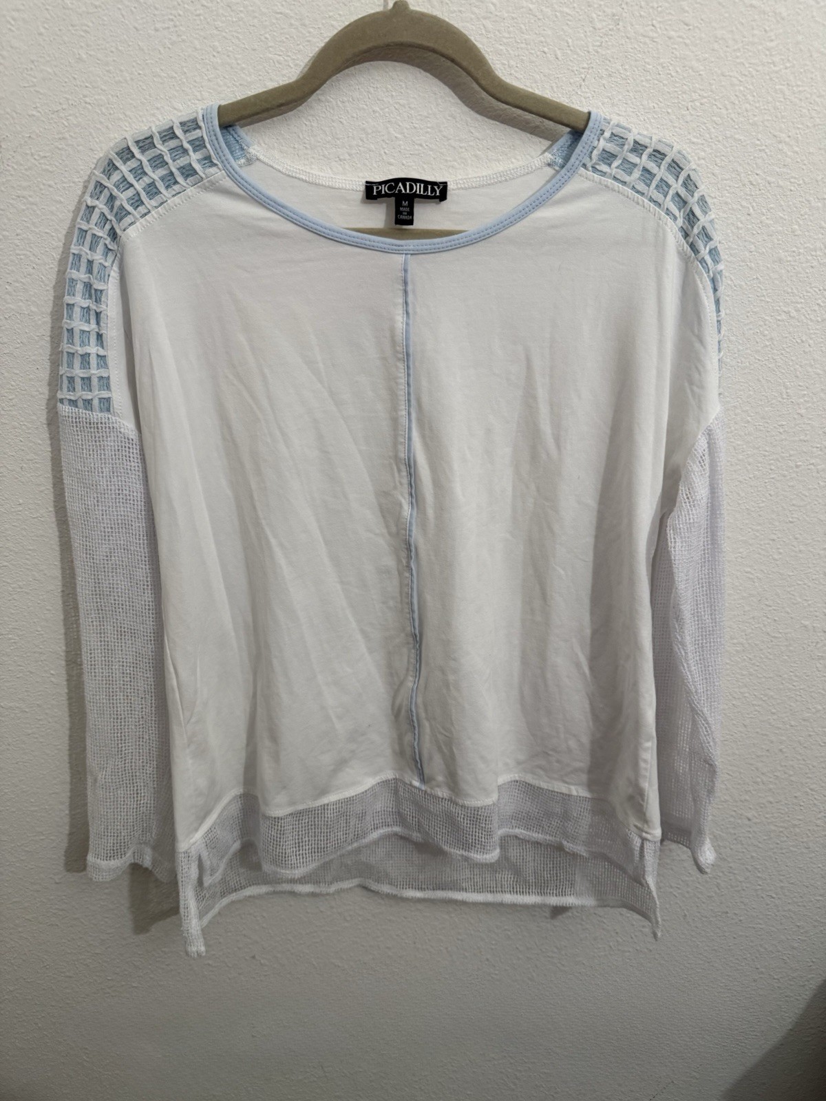 Picadilly Canada White Mesh Knit Top Medium M Spandex Cotton Blouse UF745