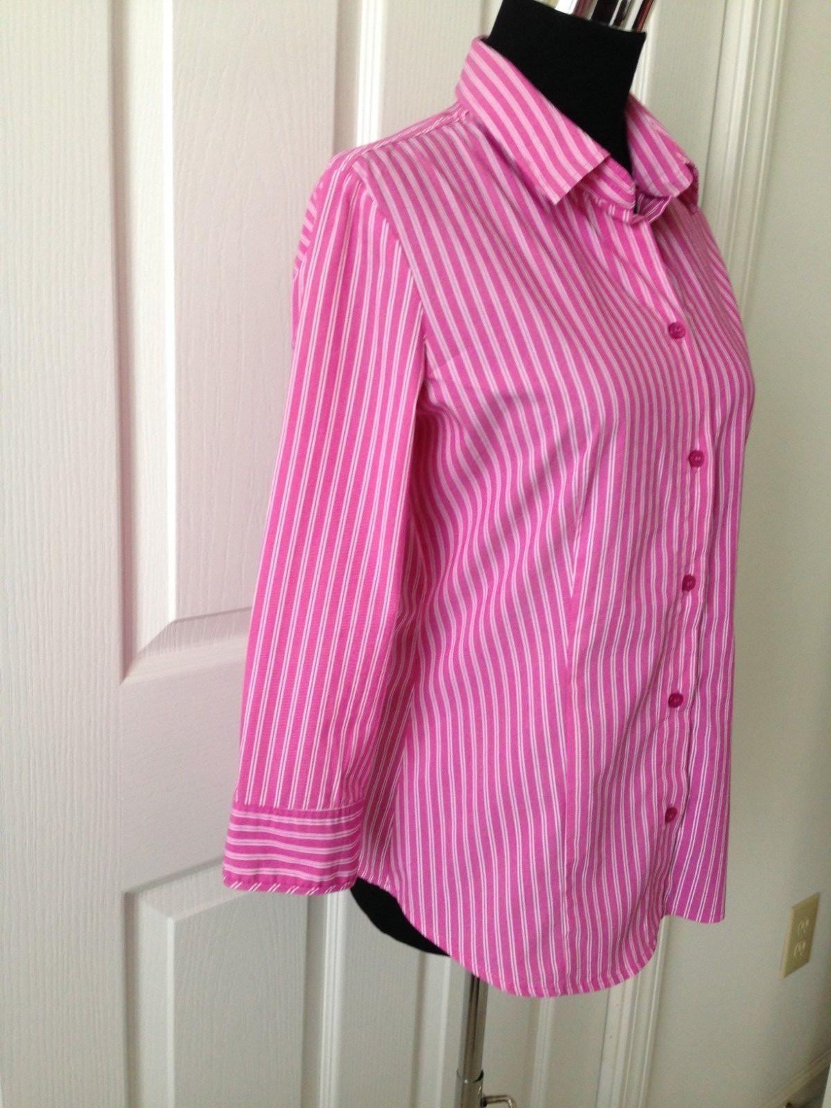 NEW YORK & CO STRETCH PRETTY PINK/WHITE STRIPED COTTON BLEND BLOUSE – SIZE S