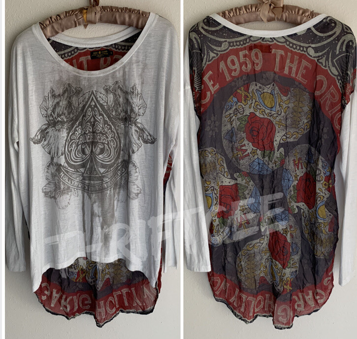 S Rude Riders Oversized Sheer Hollywood Is For Bikers Skull Floral Blouse Top