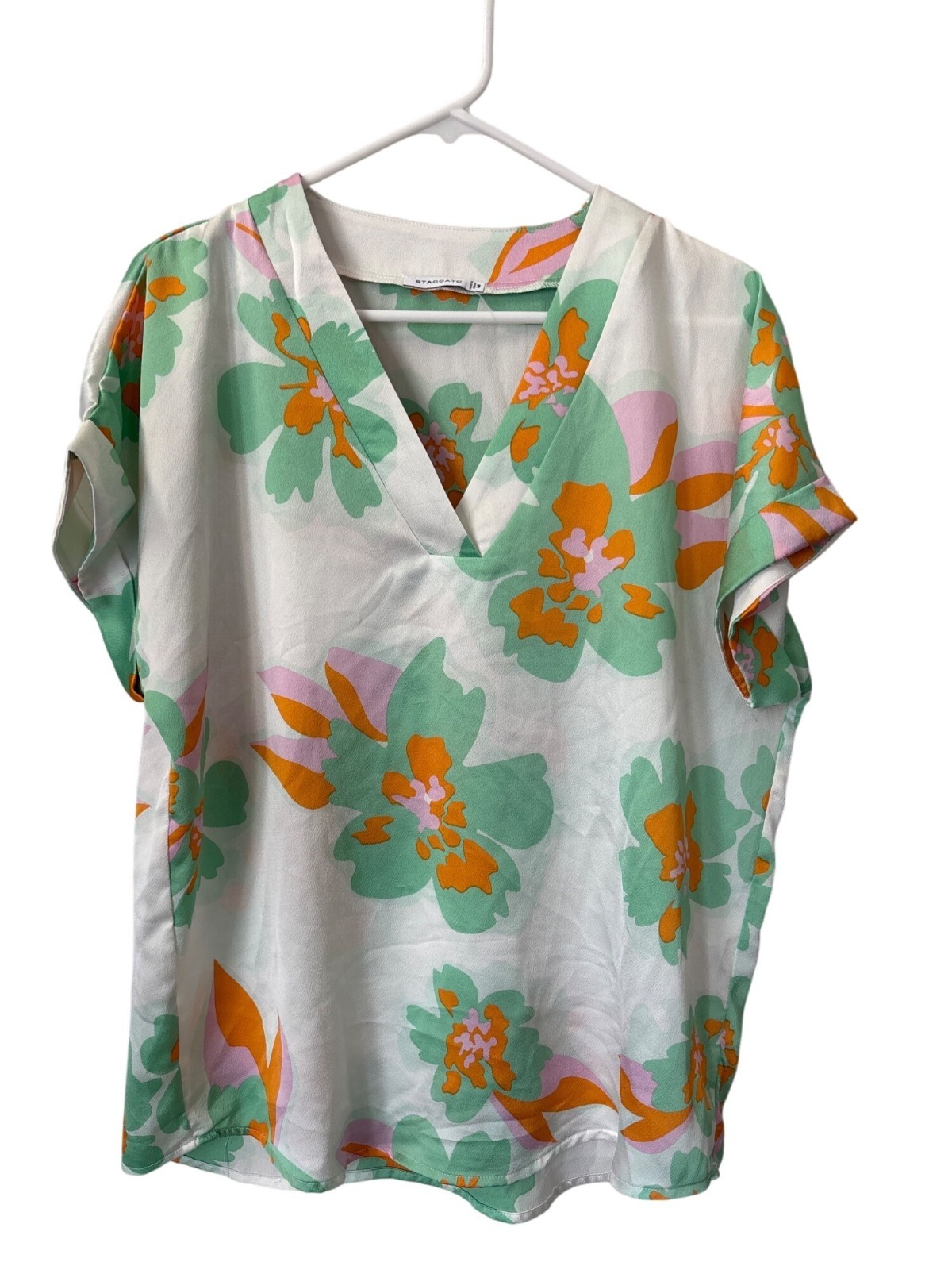 Staccato Blouse Size Medium Floral V Neck Short Sleeve Green Orange White Boho