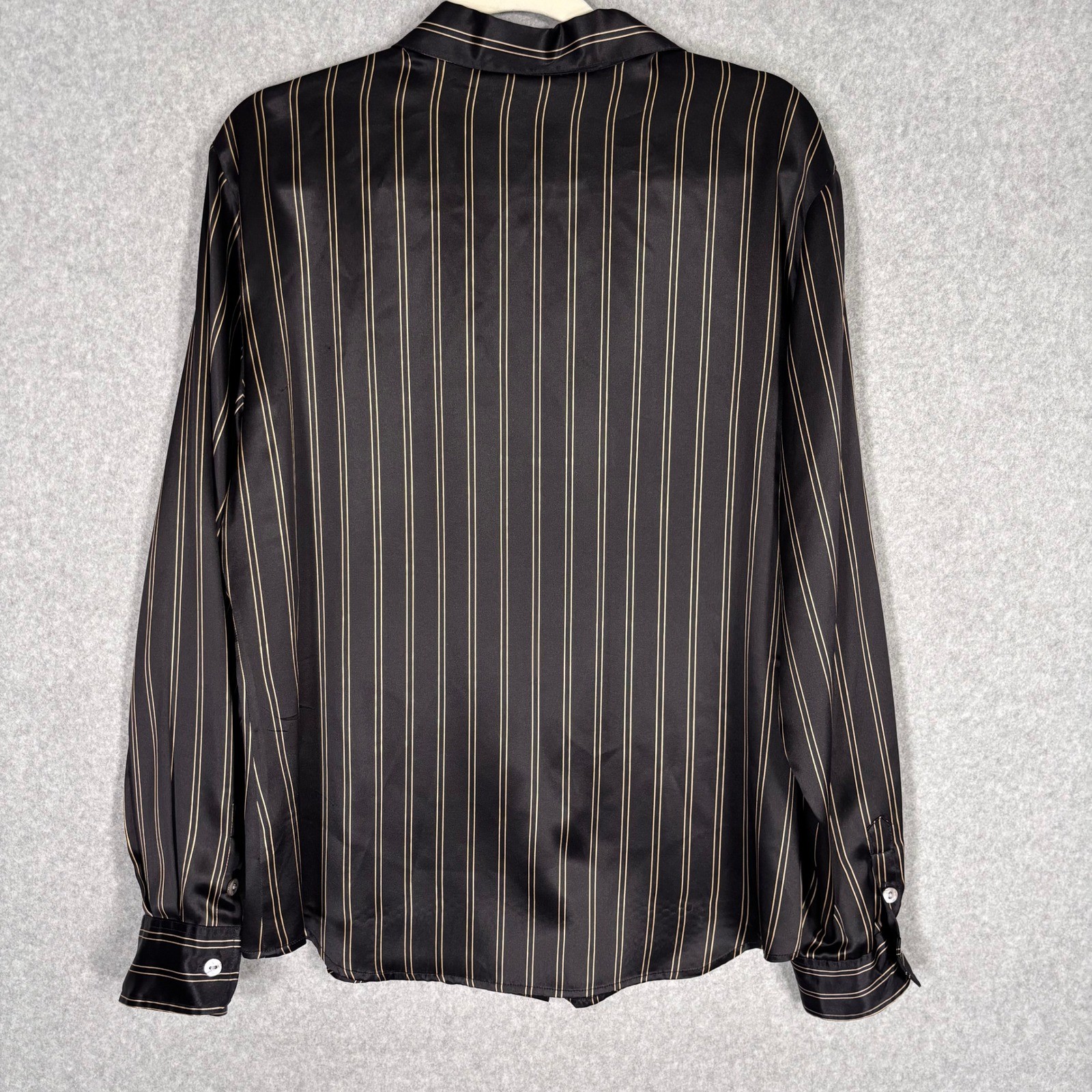 Rafaella 100% Silk Pinstripe Button Down Blouse 14 Black Gold Satin Minimalist