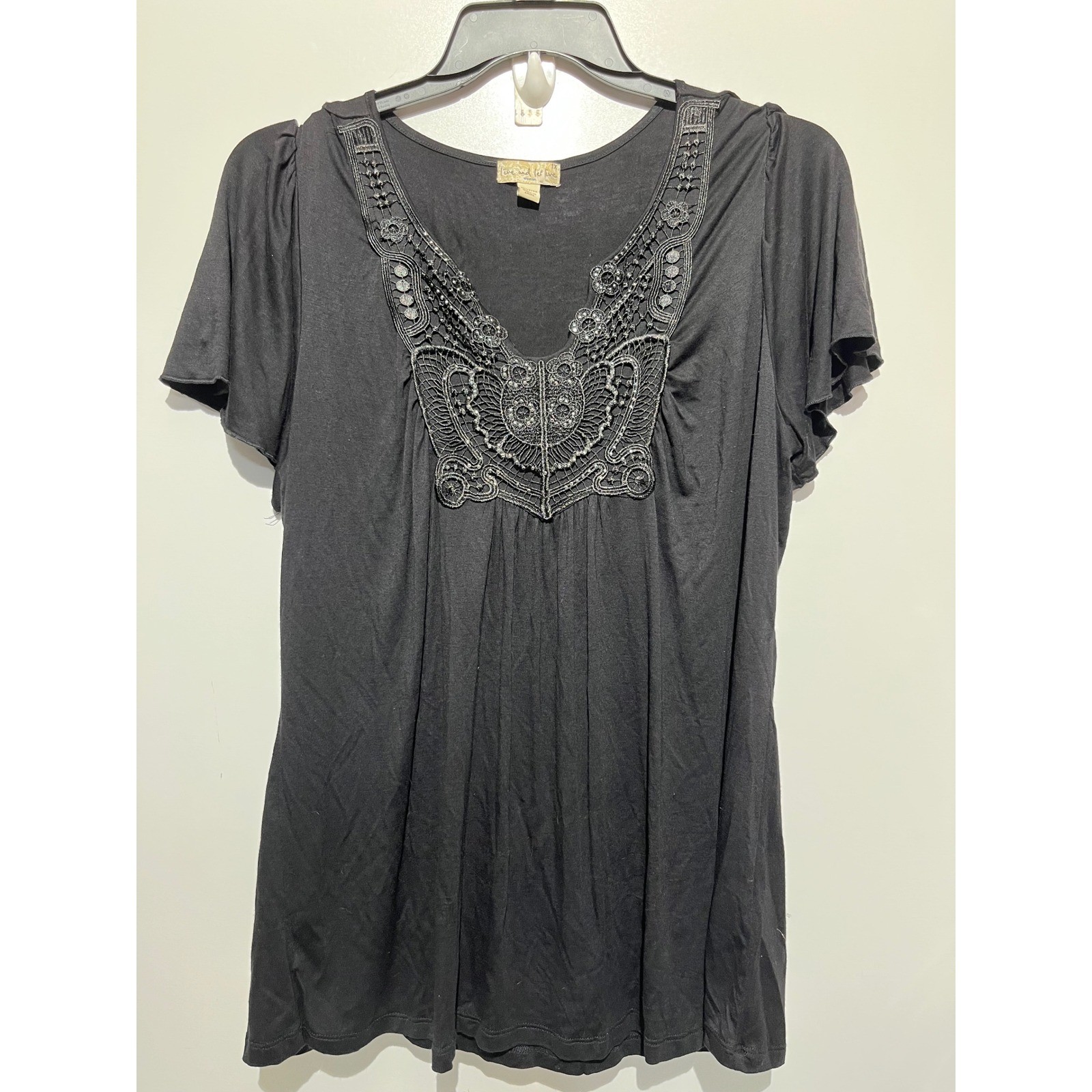 Live and Let Live Woman Black Short Sleeve Crochet Butterfly Bib Top 1X Boho
