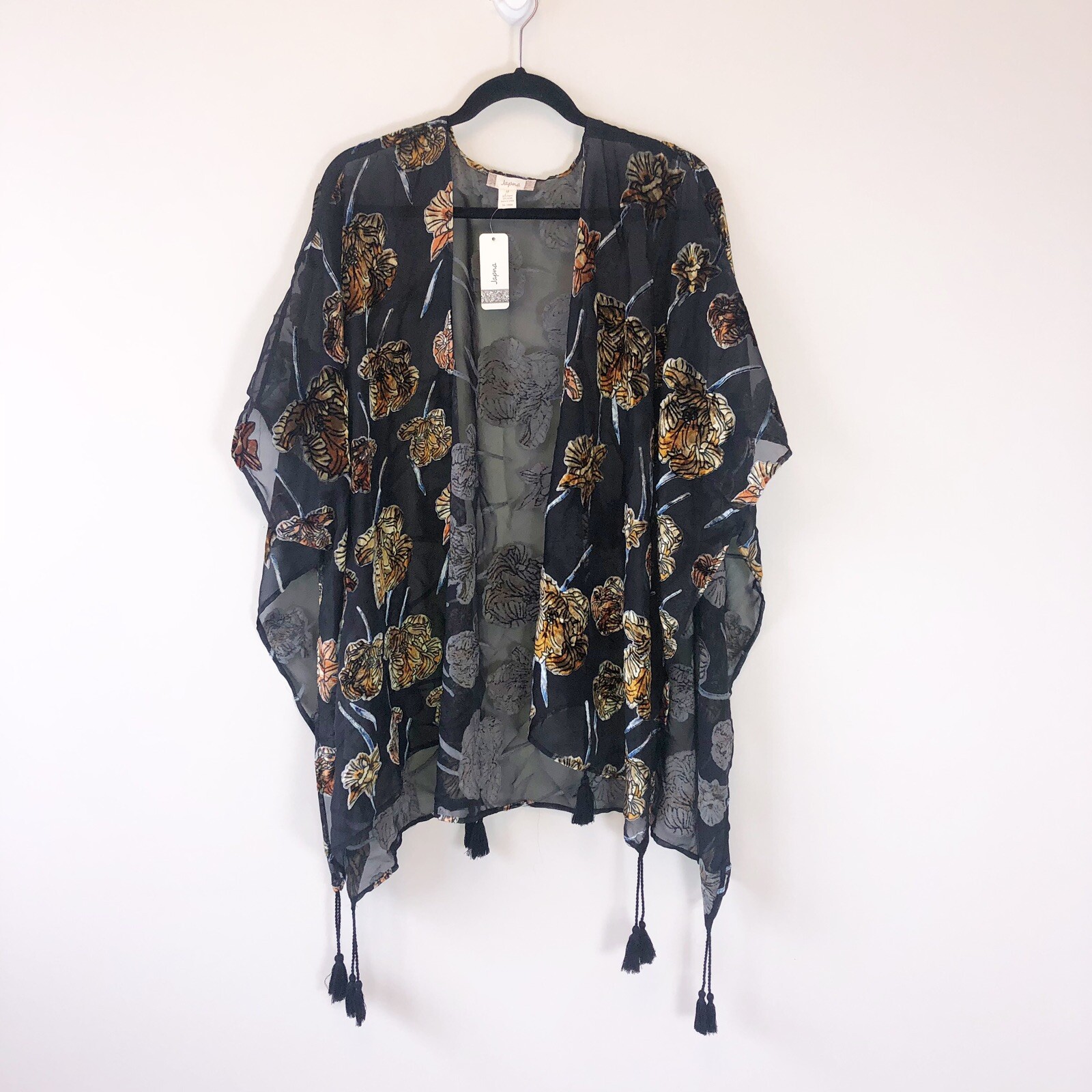 Japna Women’s Velvet Burnout Kimono Duster Black Floral Boho Size Medium NWT’s