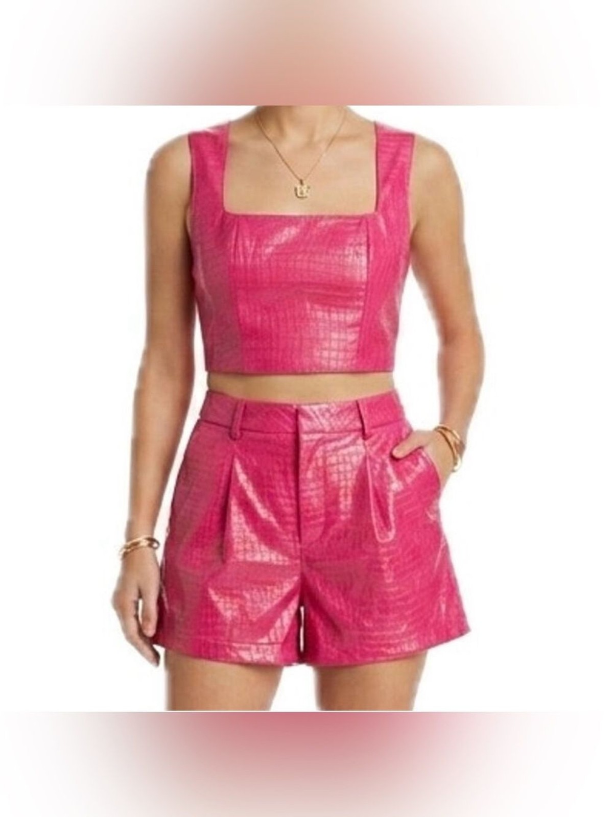 7 For All Mankind Hot Pink Croco Leather Set High Waist Shorts & Crop Top NWOT