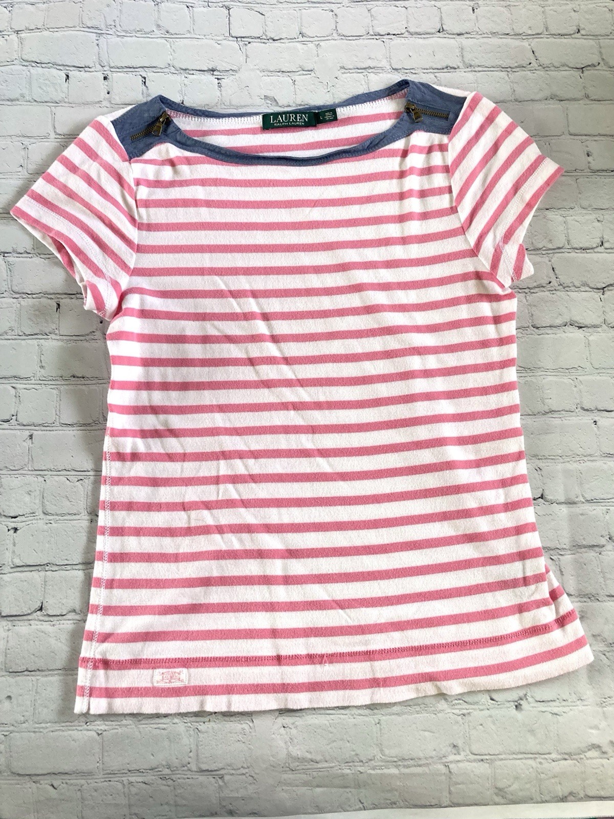 Ralph Lauren Pink Striped Top Shoulder Zipper Cap Sleeve Size Large Y2K Logo