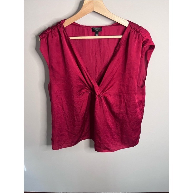 Talbots Petites Berry Pink Satin V-Neck Twist Front Sleeveless Blouse 14P