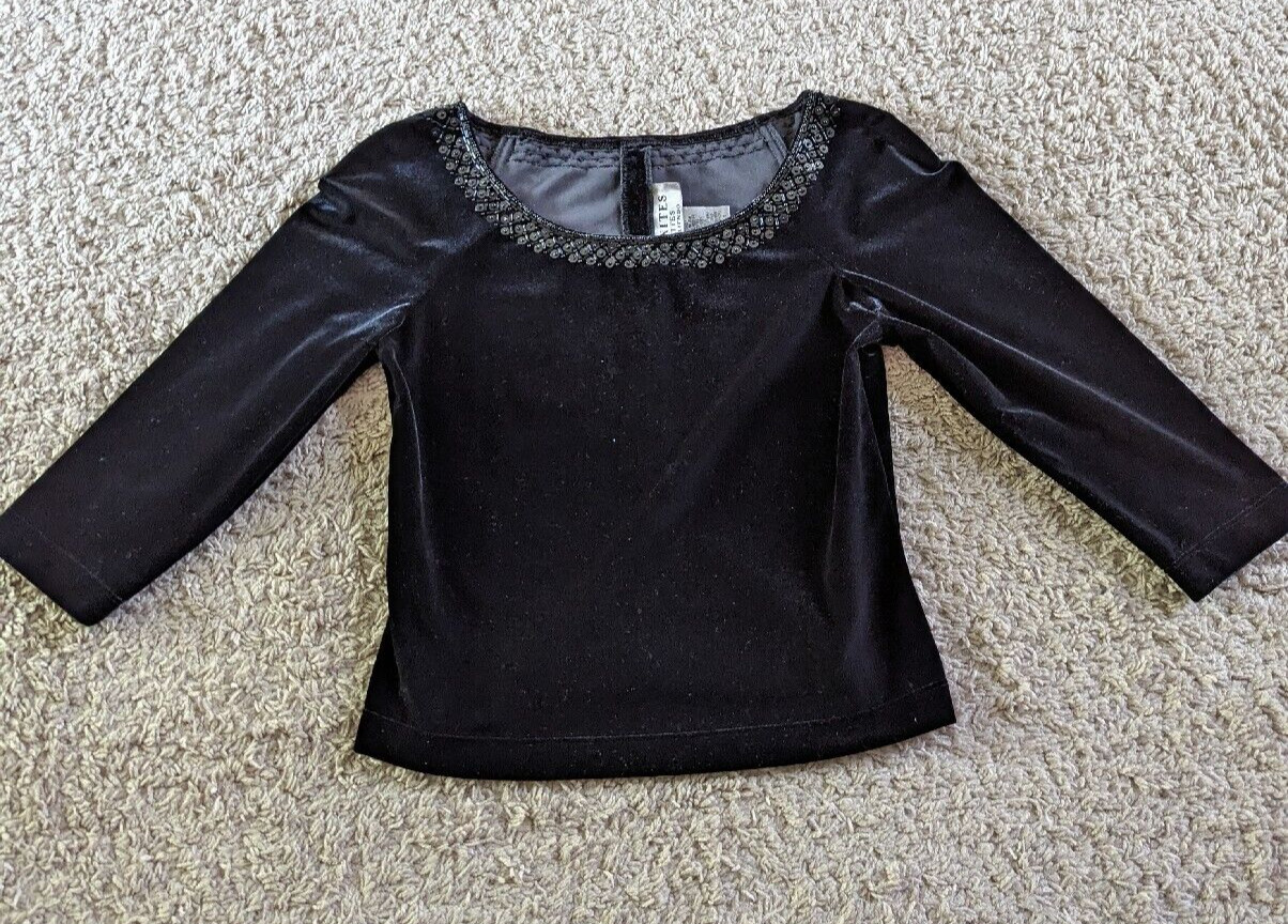 Vtg Black Beaded Shirt Sz S Crop Velour 3/4 Sleeve Y2K Whimsigoth Grunge Velvet