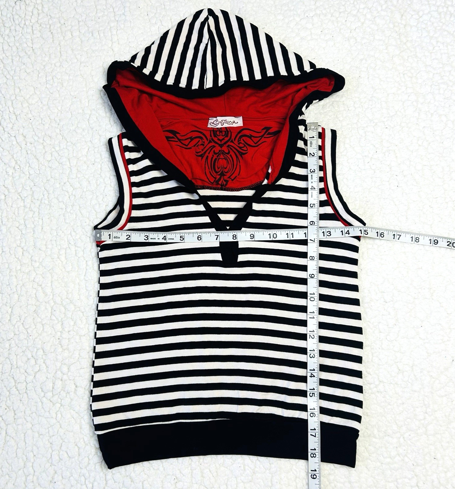 Gantana Paris Top Womens S White Red Black Striped Hooded Sleeveless Stretch