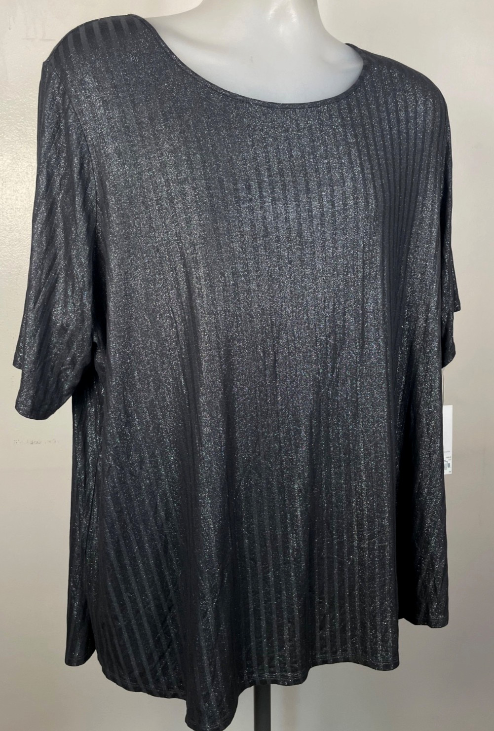 NWT Apt 9 2X Charcoal Silver Phantom Shimmer Ribbed Top Flowy Short Sleeve Plus