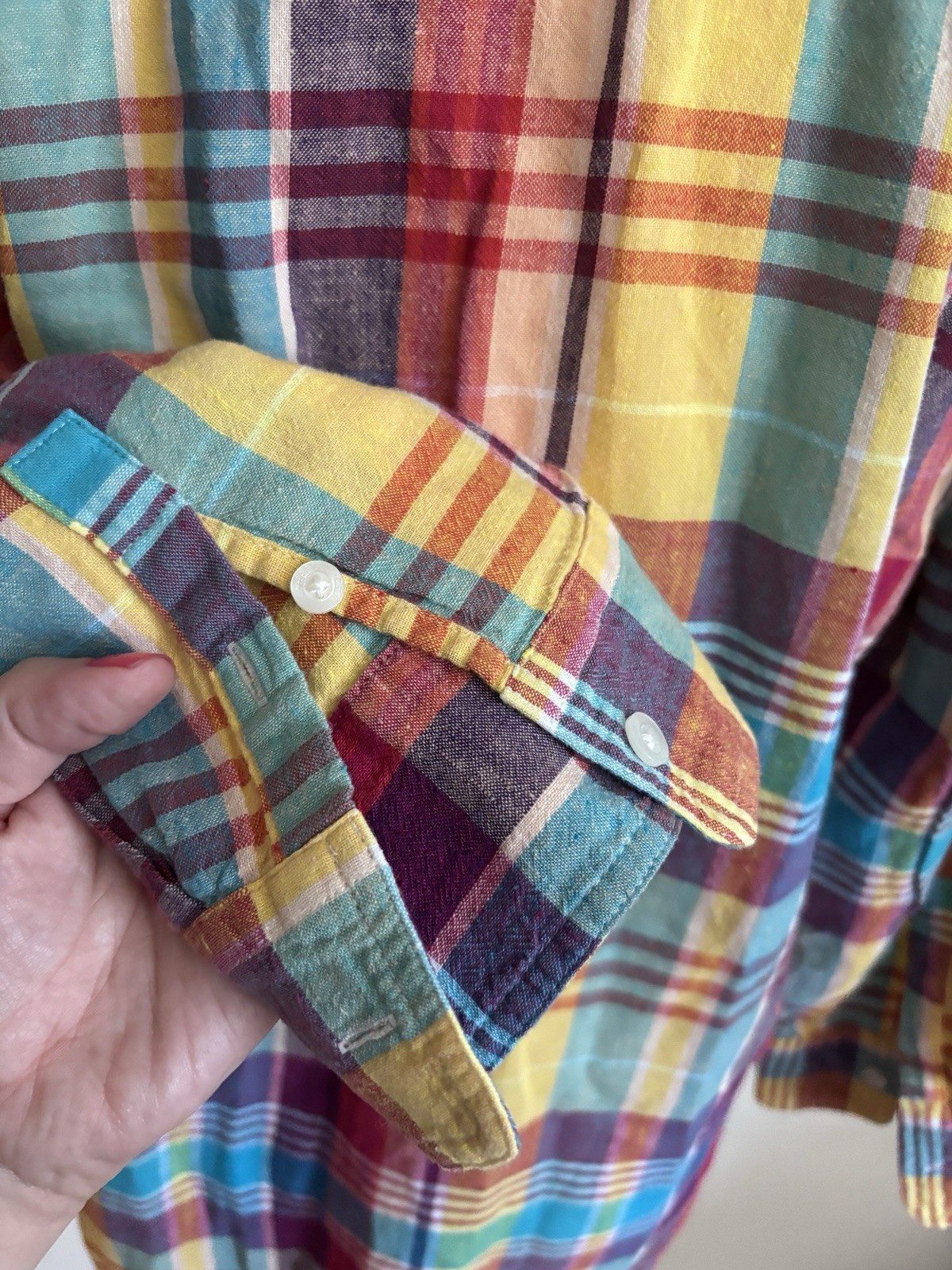 Y2K Plaid Chaps Denim Linen Top Colorful Womens Large Preppy Coastal Outdoor