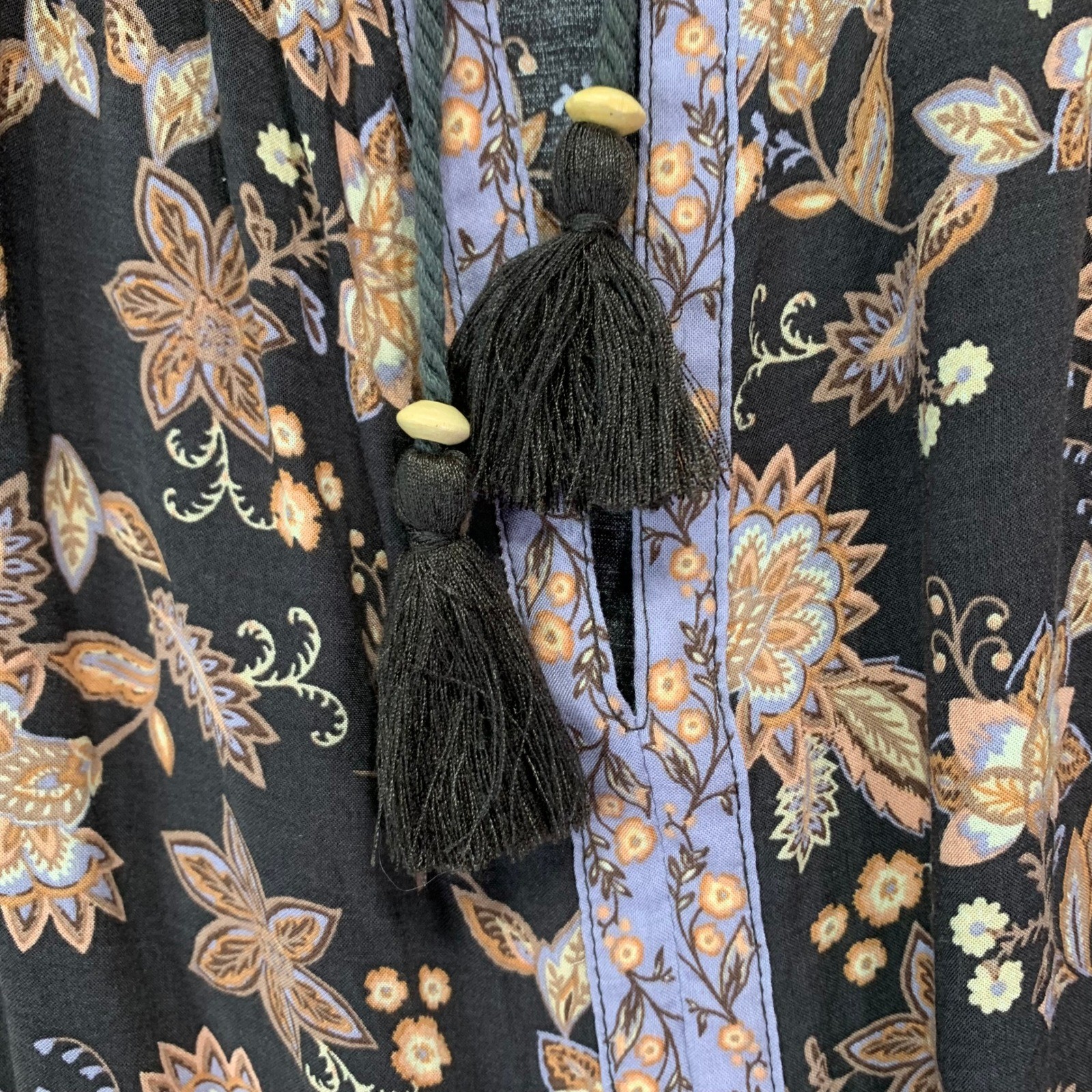 Boho Floral Peasant Top Oversized M Black Mixed Print Long Sleeve Tassel Tie