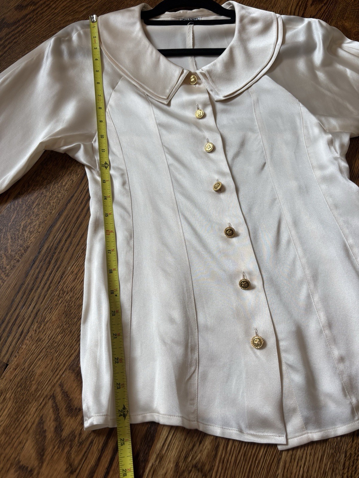 Chanel Vintage Silk Cream Blouse Gold Button Front Double Collar Old Money Vibe