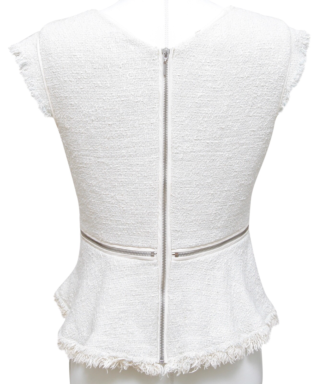 REBECCA TAYLOR Top Sleeveless Shirt Tweed Light Blue Ivory Fringe Zipper Sz 8