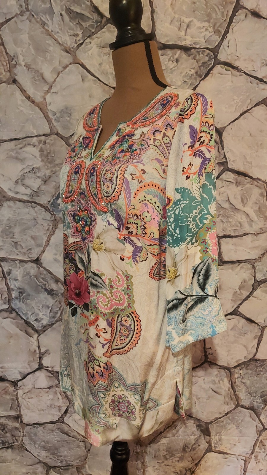 Soft Surroundings Florent Tunic in Aquatic Blue Beaded Sequins Size XS Beautiful