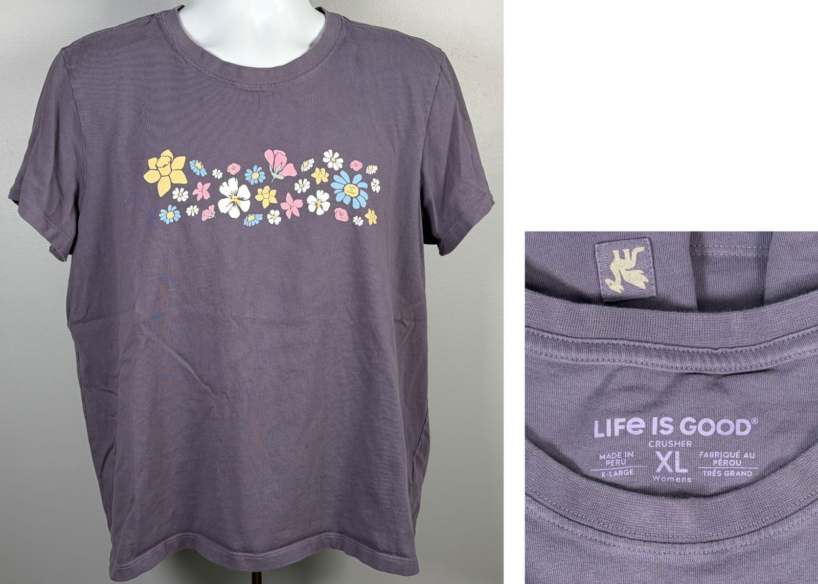 Life is Good Roses Daisies Daffodils Flower Design Crusher T Shirt Womens XL