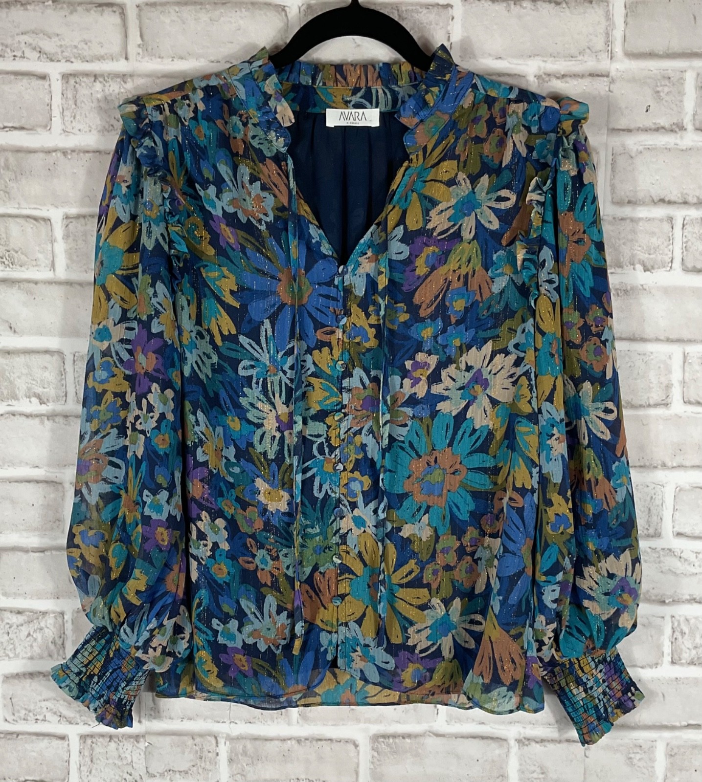 Avara Top Womens Sz XS Blue Teal Floral Lined Tie Neck Long Sleeves Boho Gypsy