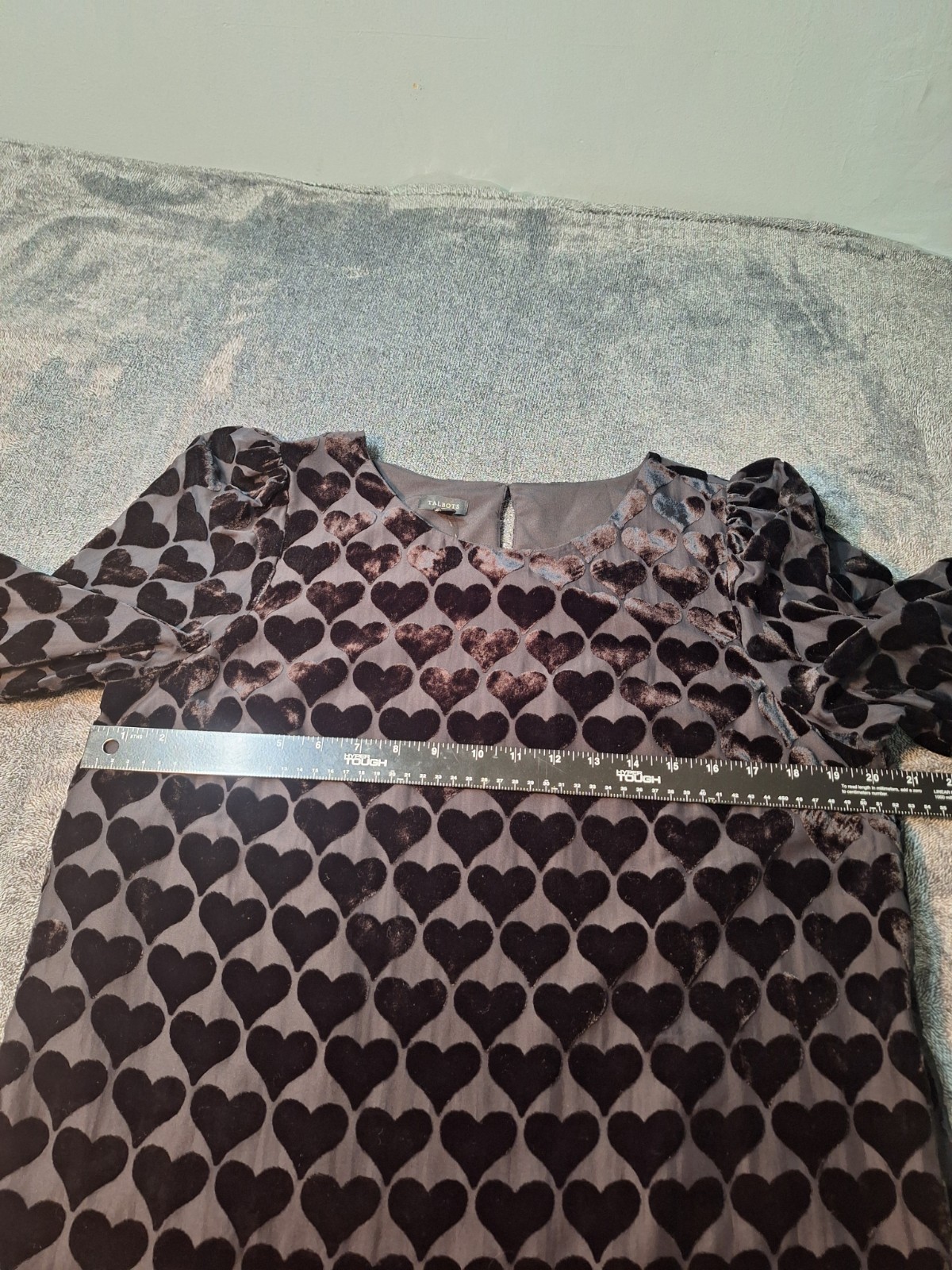 Talbots Velvet Burn Out Balloon Puff Sleeve Blouse Womens L Black Hearts Novelty
