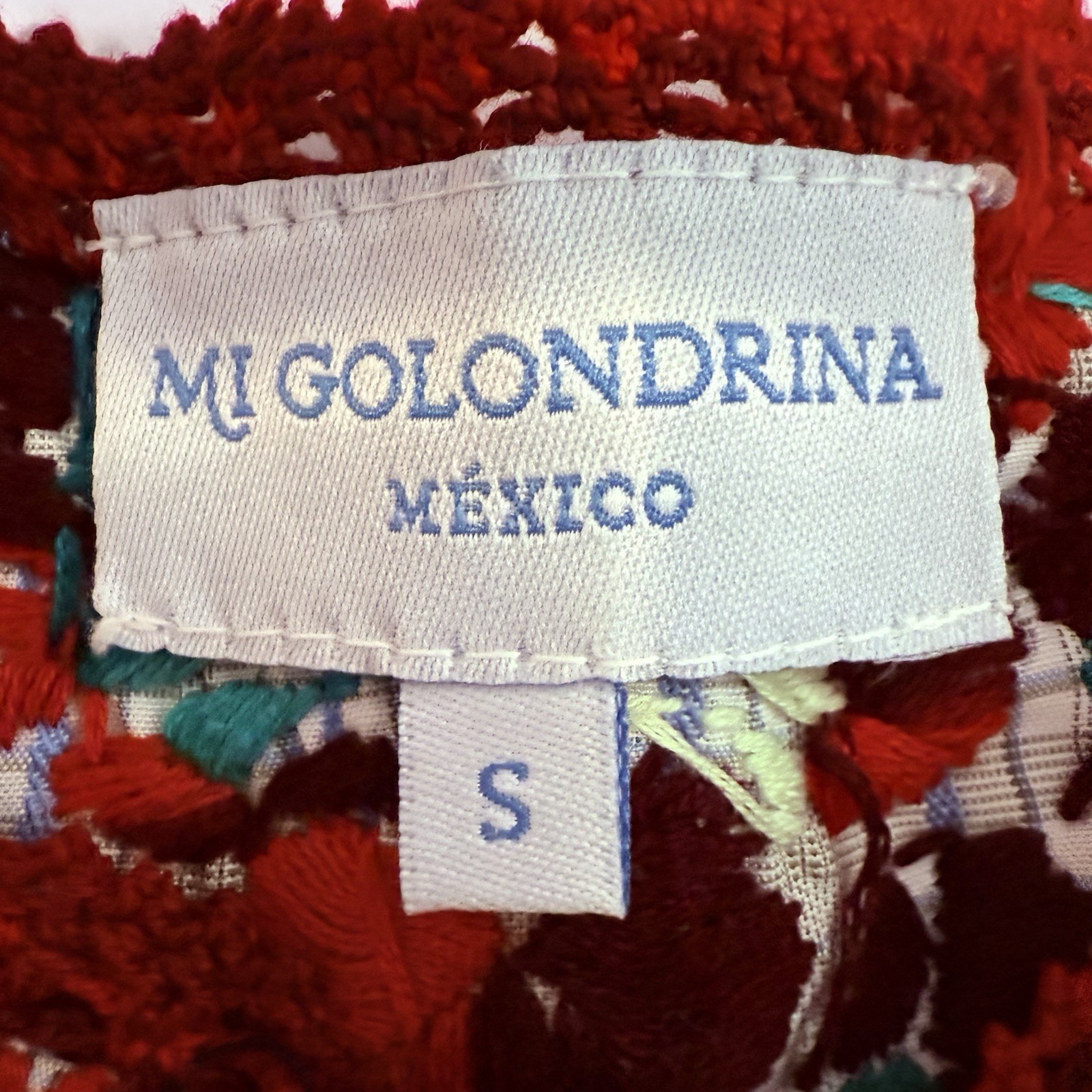 Mi Golondrina Hand Embroidered Tunic Top Blouse Red Green Floral Plaid S Mexico