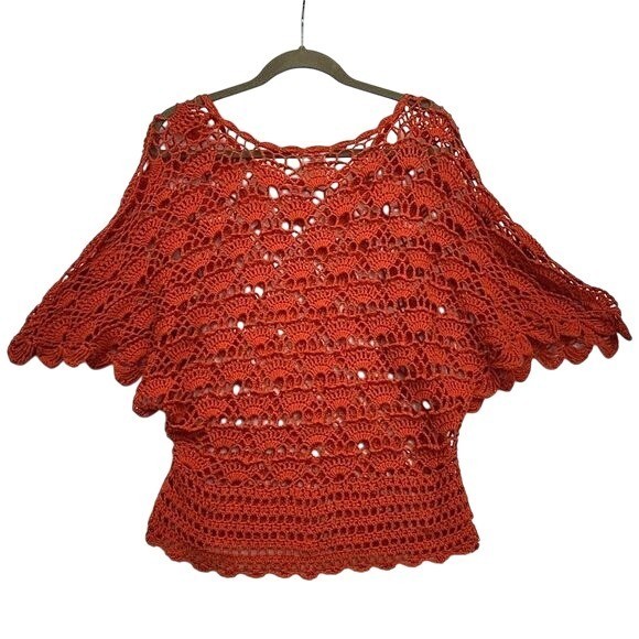 Intrigue Crochet Womens Top M Orange Cotton Acrylic Relaxed Boho Style