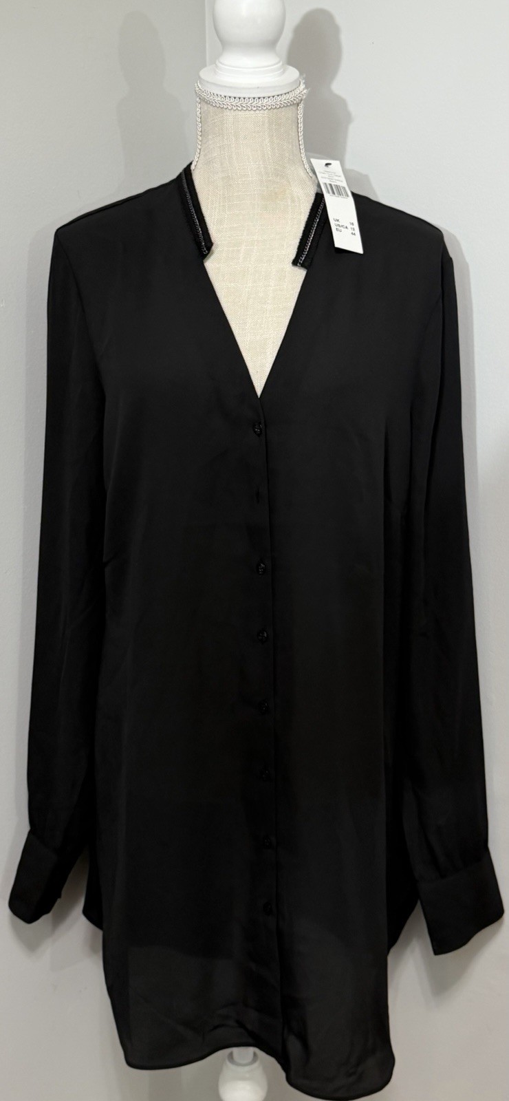 NEW Long Tall Sally Top Blouse Shirt Black Chain Trim Button Front US 12 UK 16
