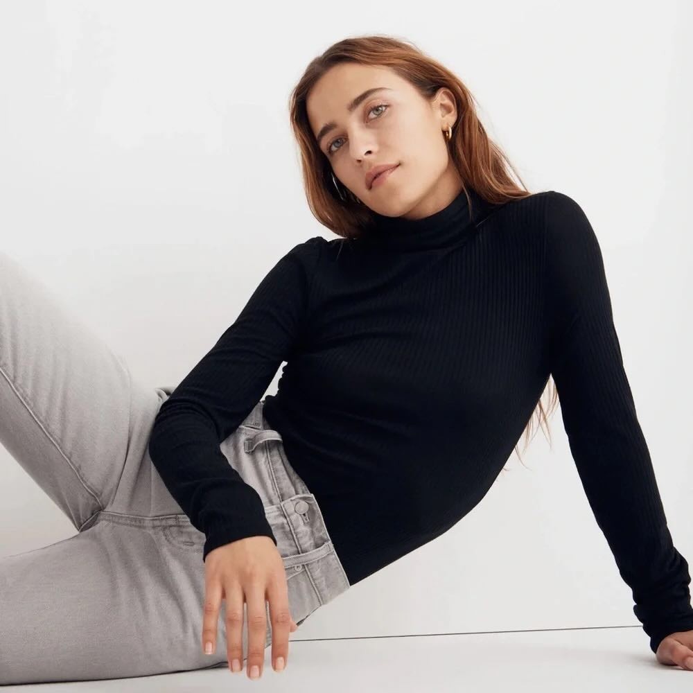 Women’s Madewell Black Turtleneck Top Long Sleeves Ribbed Pullover Medium AE028