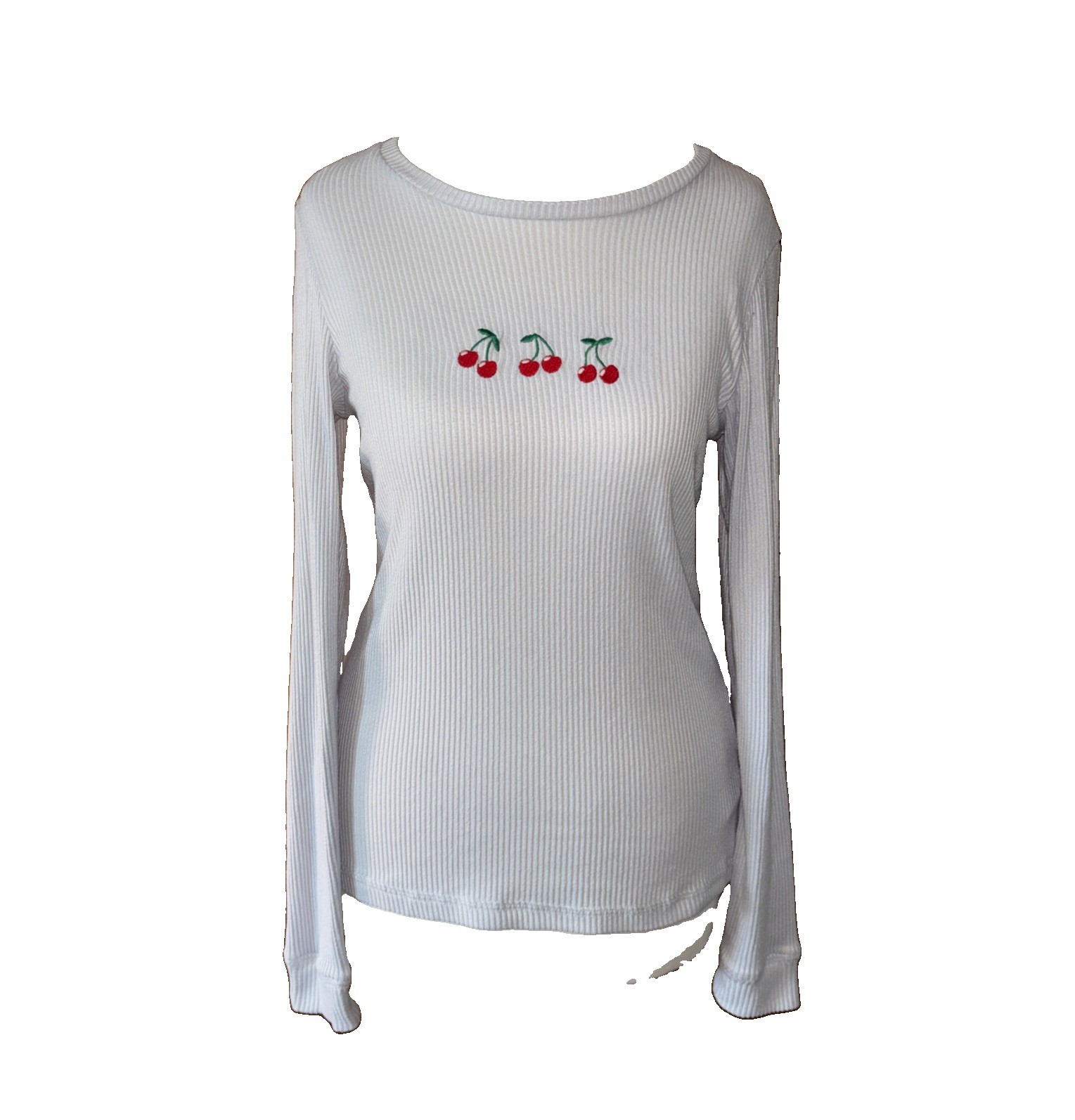 F&F Cherry Embroidered Ribbed Long Sleeve Top White UK 12-14