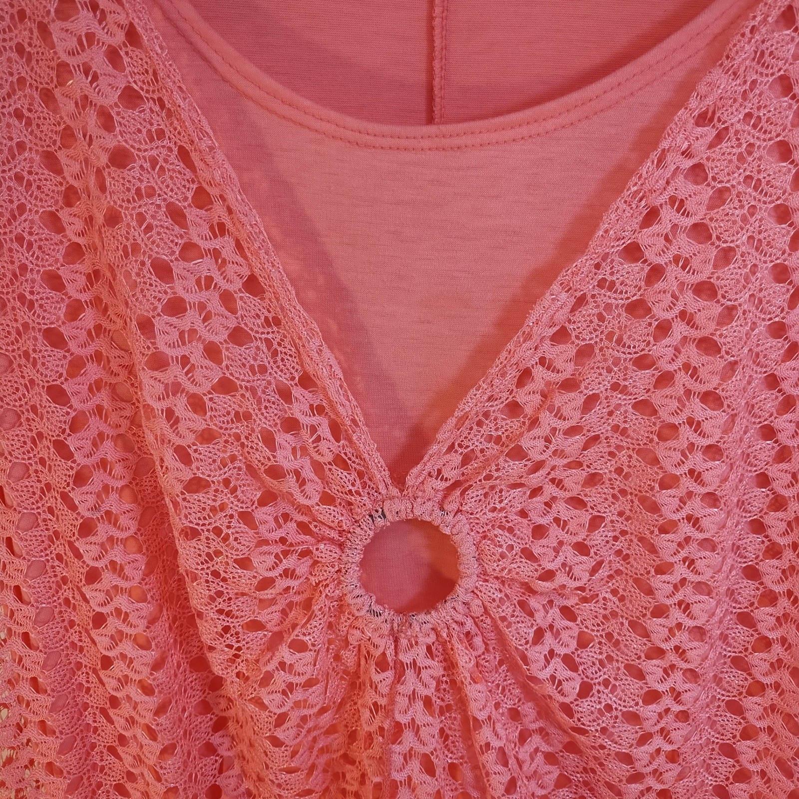 VTG Cal Style USA Pink Lace O-Ring Short Sleeve Top LG Crochet Romantic BOHO