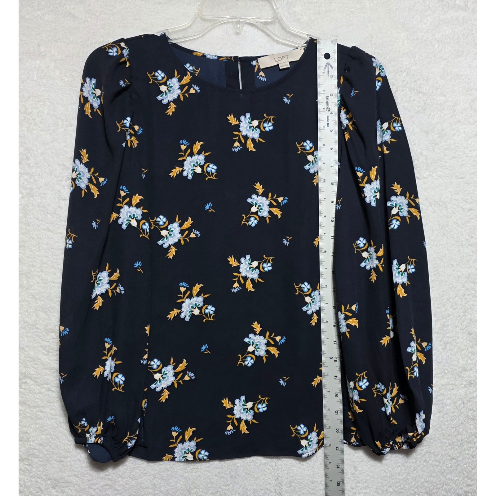 LOFT Navy Blue Floral Puff Sleeve Blouse XXS Crew Neck Keyhole Back Top