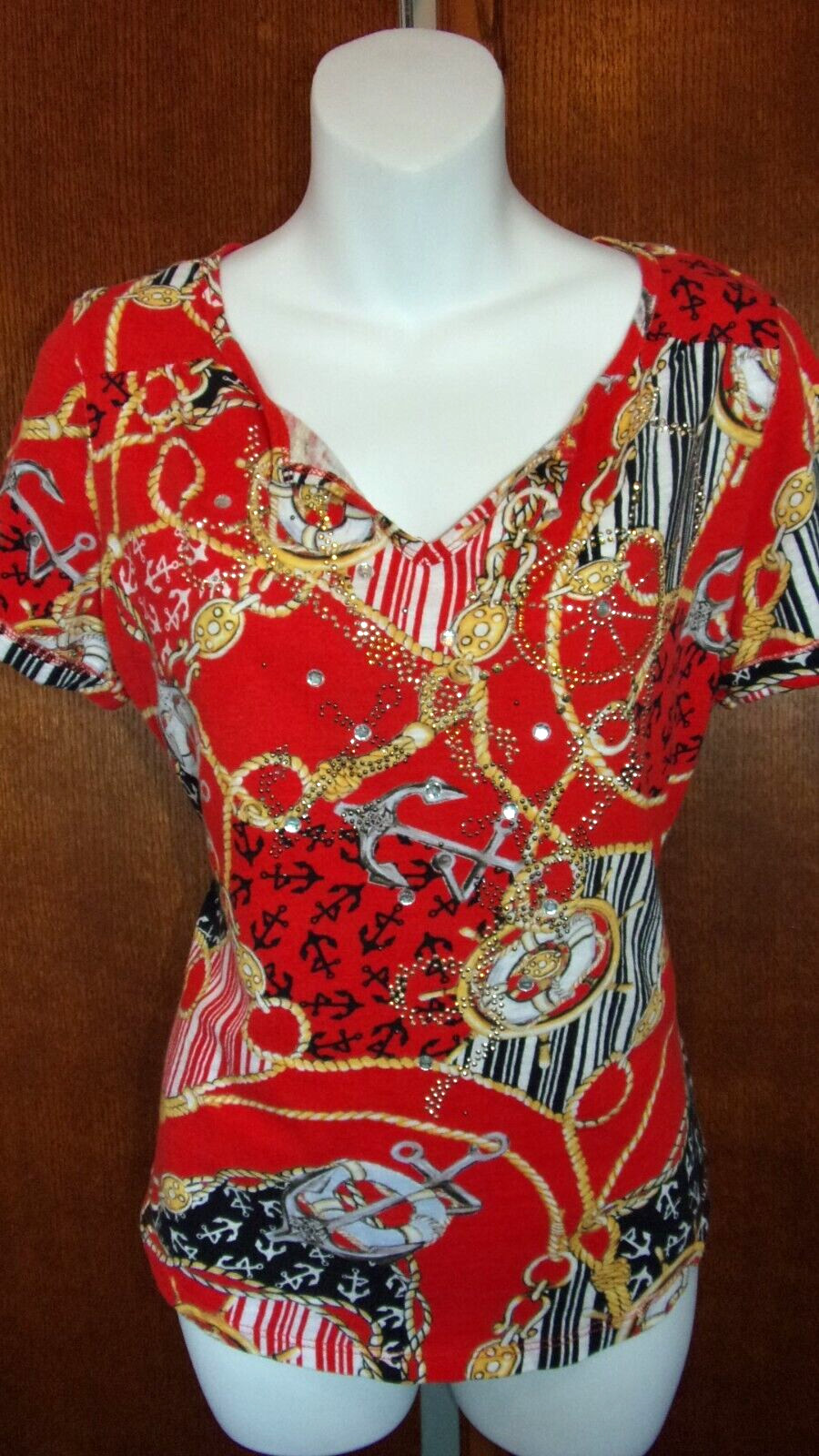 Gemstone Accented ( front only ) Nautical Themed Top, Women’s size Medium, Red