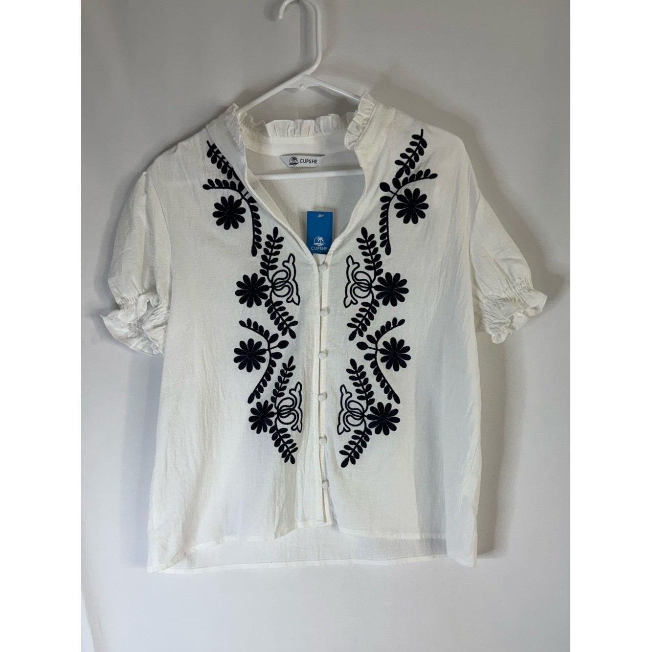 Cupshe White Button-Front Top with Black Floral Embroidery