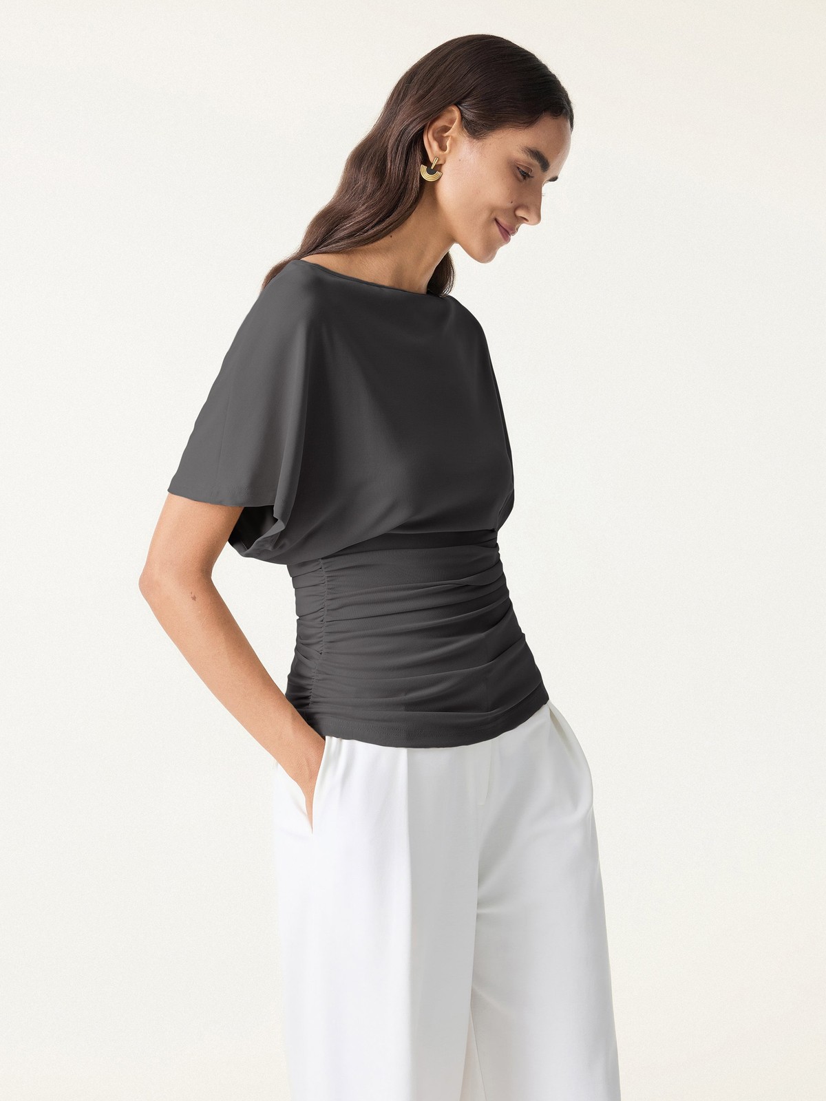 BEST SELLER! Oglmove Women’s Batwing Sleeve Ruched Boatneck Top FREESHIPPING