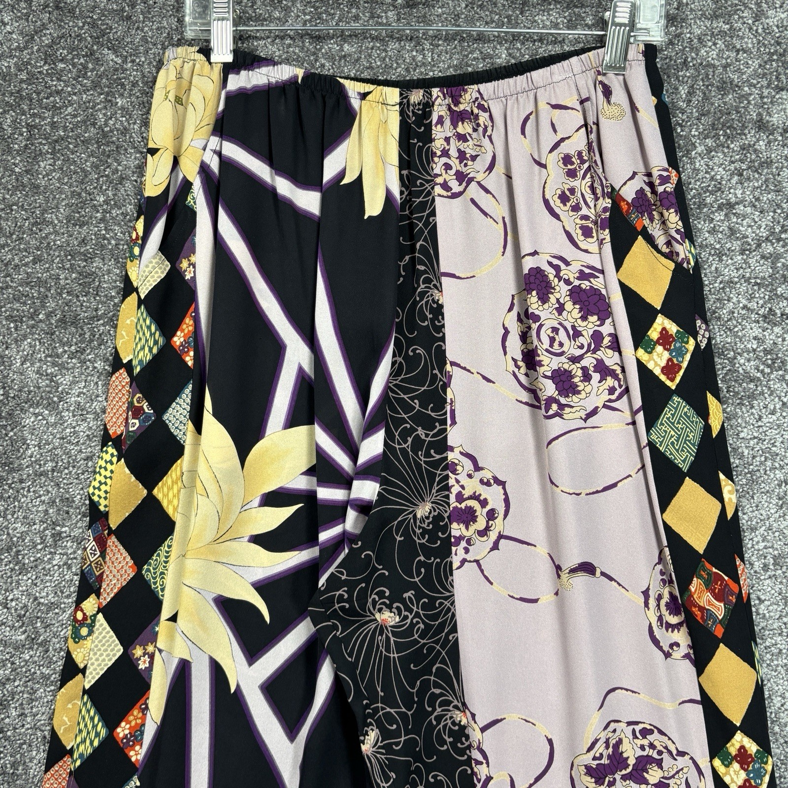 Harari Blouse Top & Pants Womens Large 100% Silk Asian Art To Wear Argyle READ