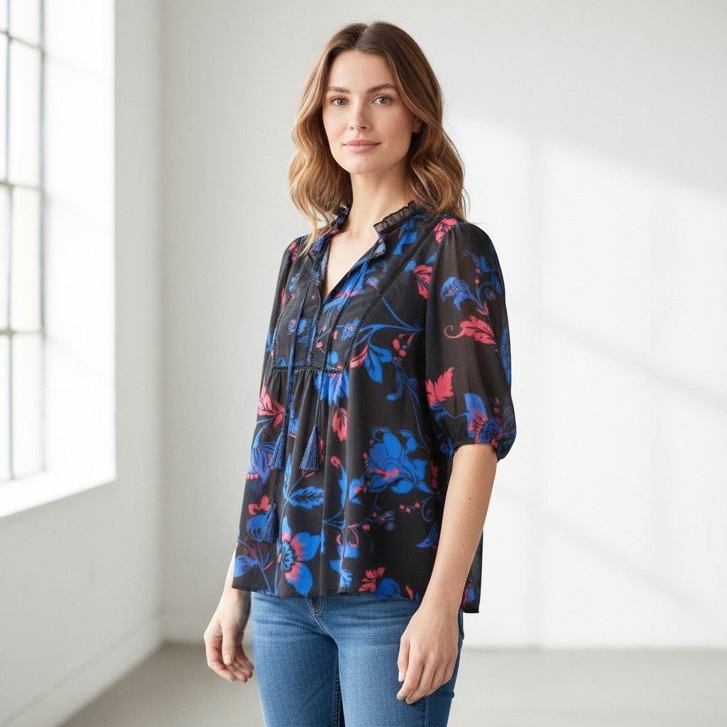 eShakti Wayward Fancies Floral Blouse XL Black Blue Pink Boho Tassel V-Neck Top