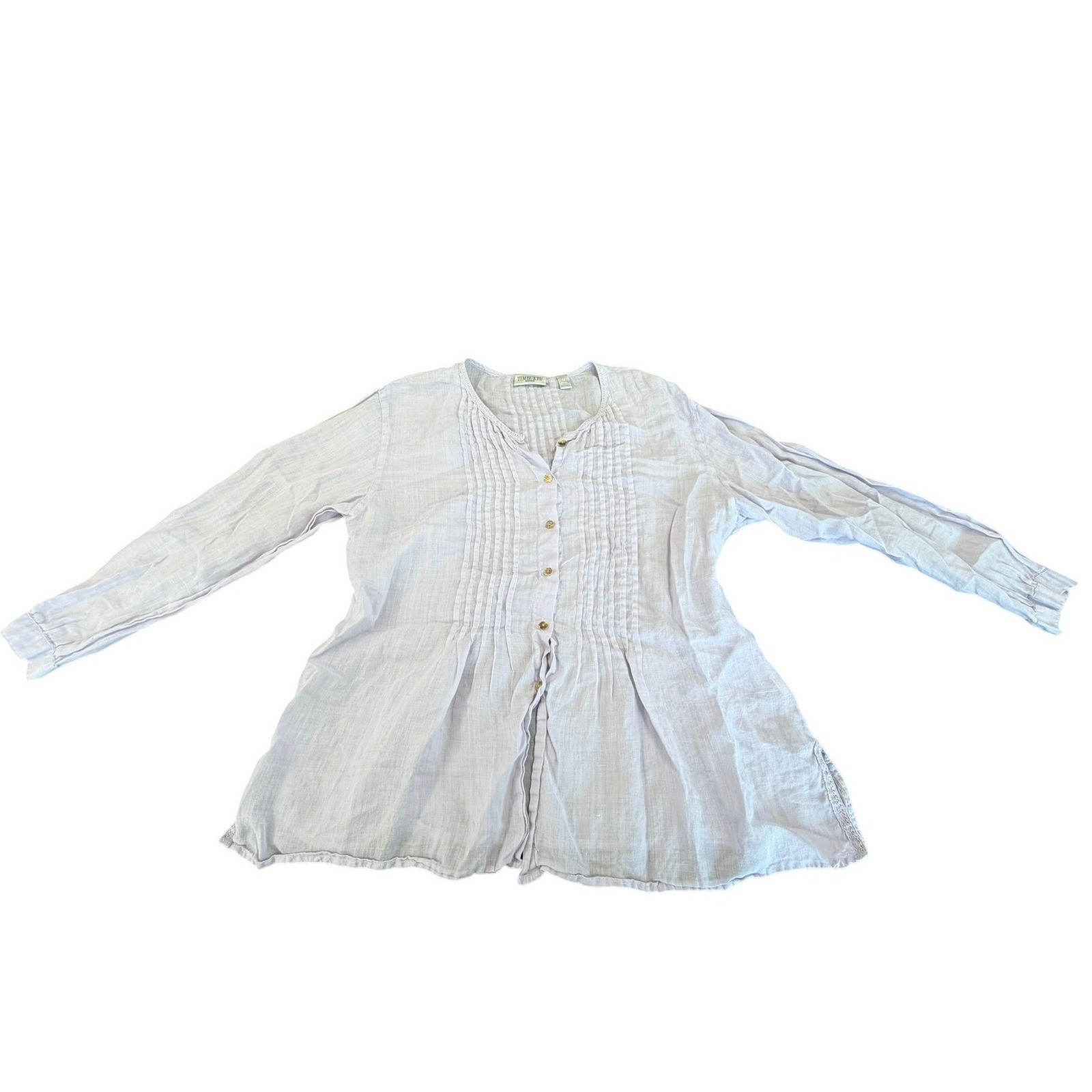 Timbuktu Station Lavender 100% Ramie Linen Pintuck Pleated Button Blouse M