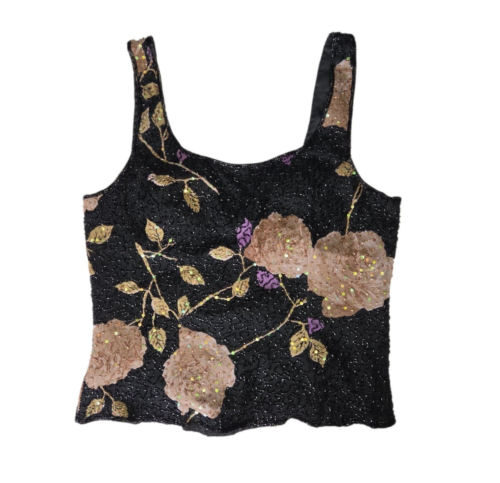 Vintage Floral Fully Beaded 100% Silk Cropped Tank Top Large Andretta Donatello