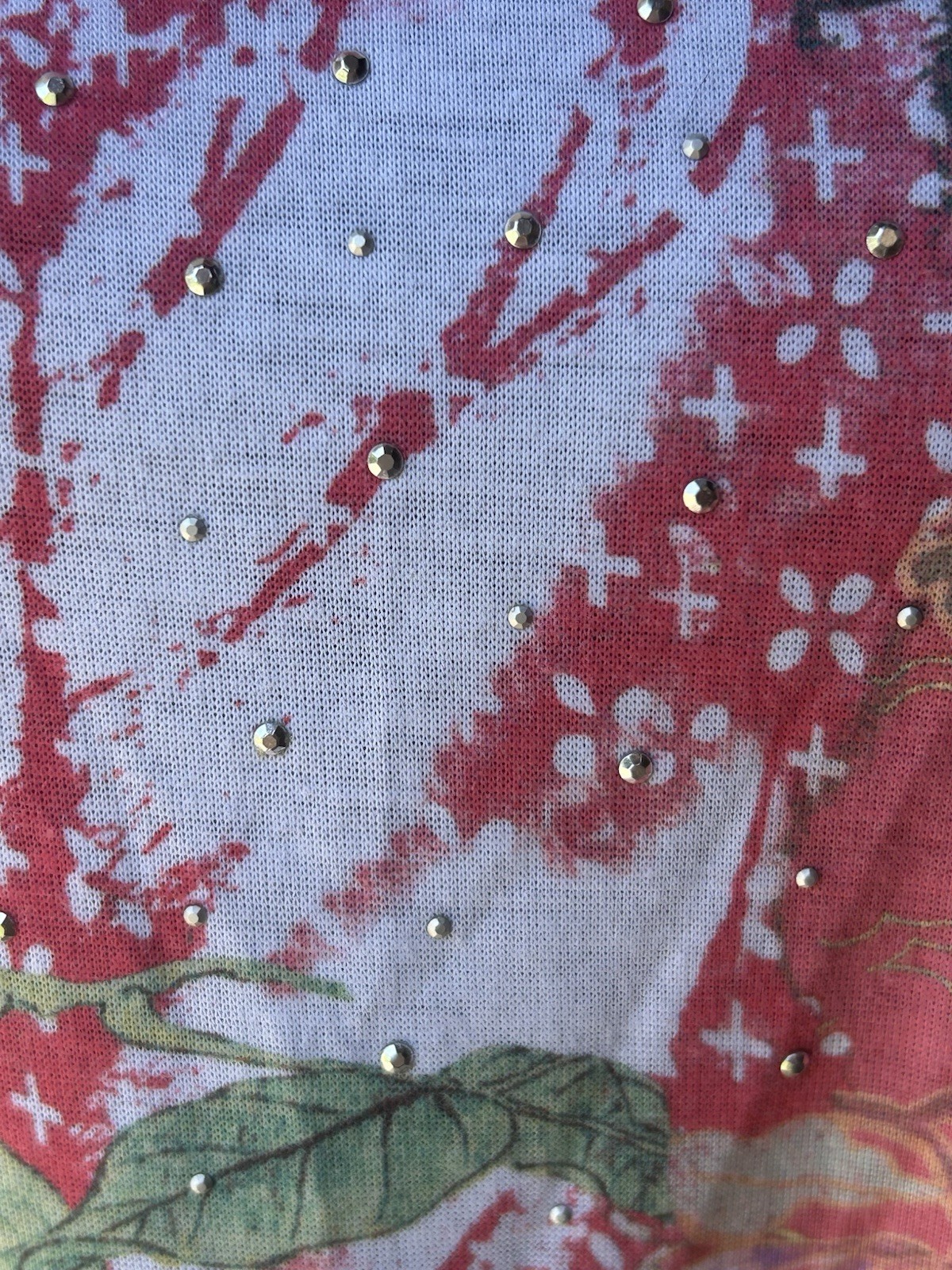 Gloria Vanderbilt T Shirt Medium Pink Floral Rhinestones Raw Edges Hi Lo NWOT