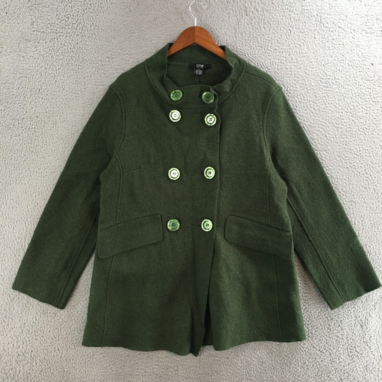 DM New York Peacoat Womens XL Long Sleeve Button Front Pocket Casual Wool Green