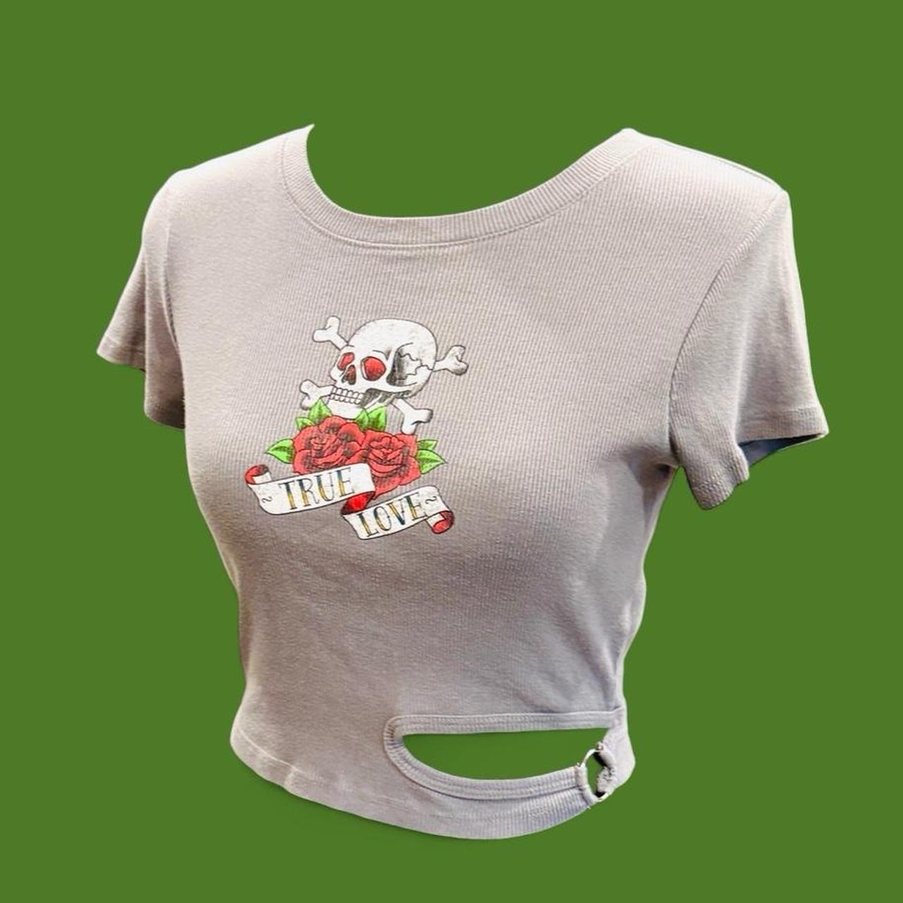 Forever 21 True Love Y2K 90 Skull Rose M Baby Tee Cut Out Grunge Alt Tattoo Top
