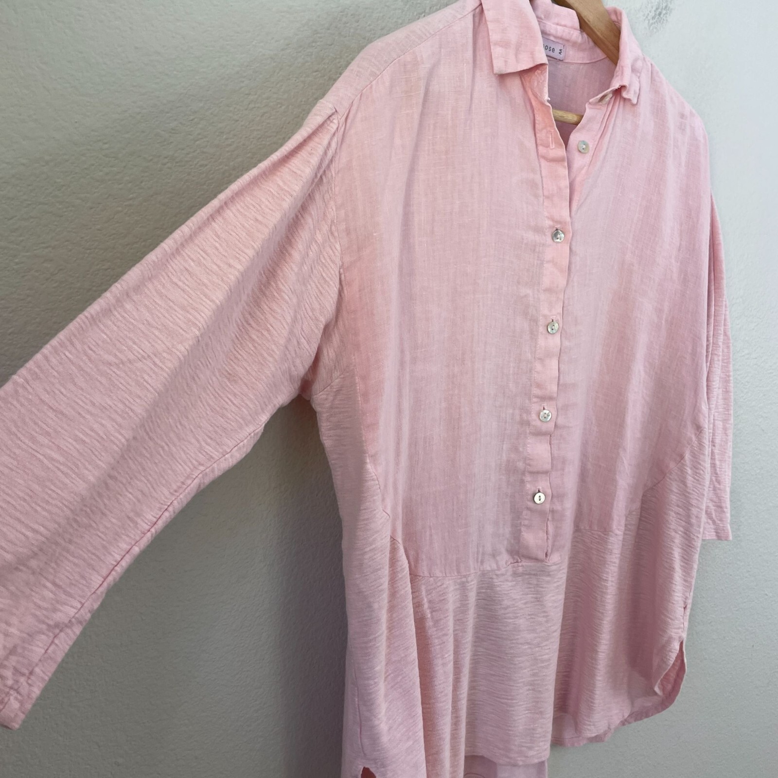 Cut Loose Womens Medium Linen Cotton Blend Button Up Top Pink 3/4 Sleeve