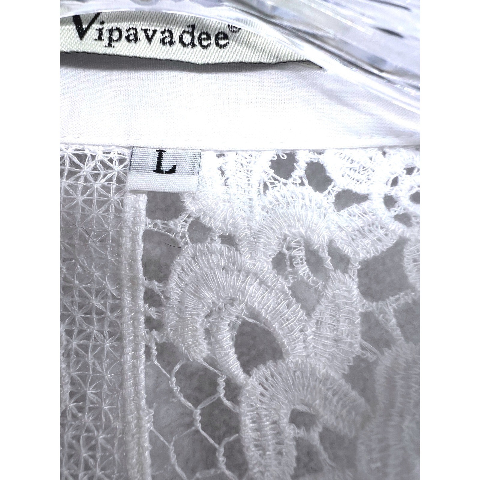 Vipavadee Womens White Floral Lace Button Down Shirt Scalloped Hem Large