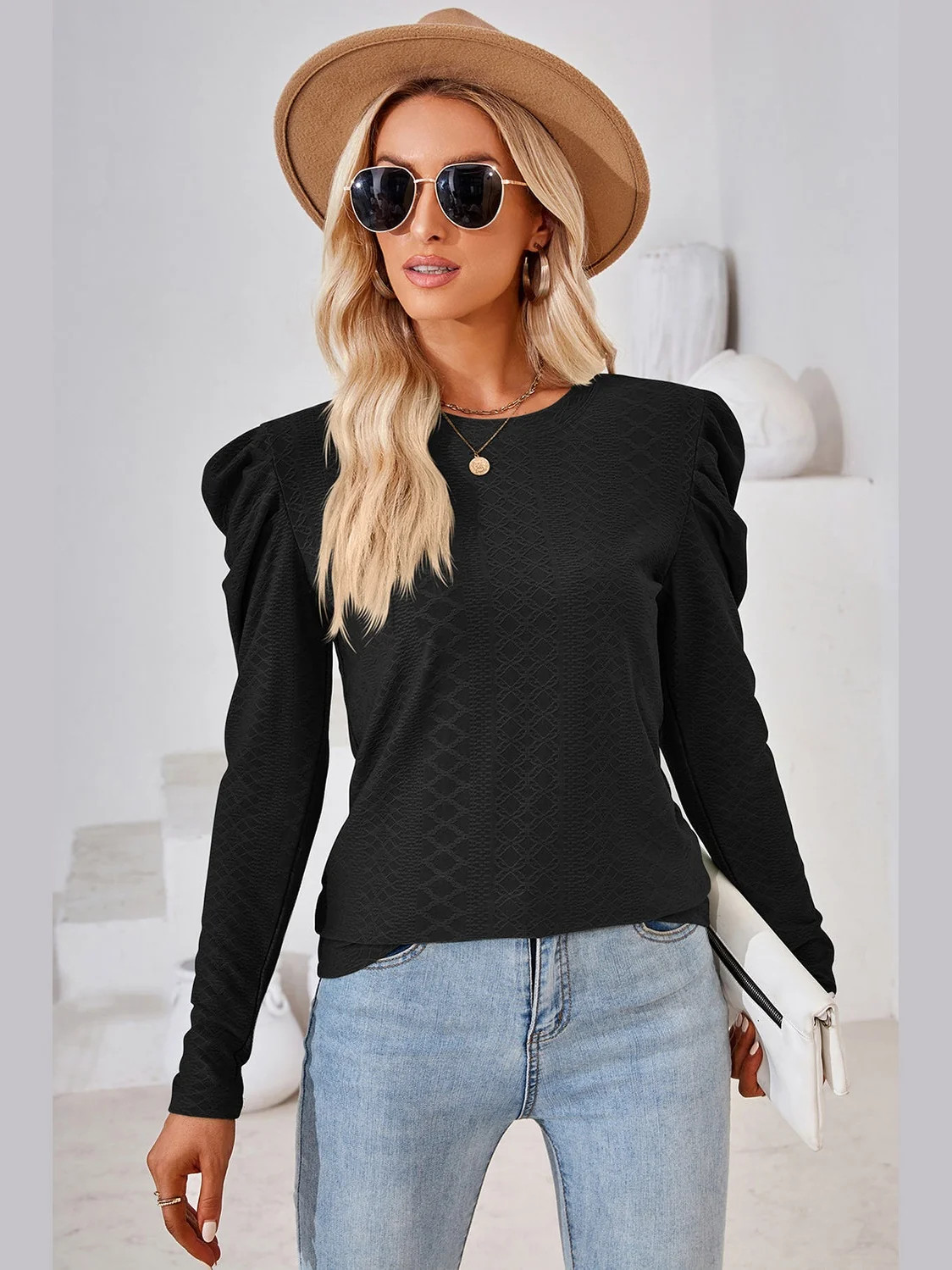 Women Round Neck Puff Long Sleeve Blouse