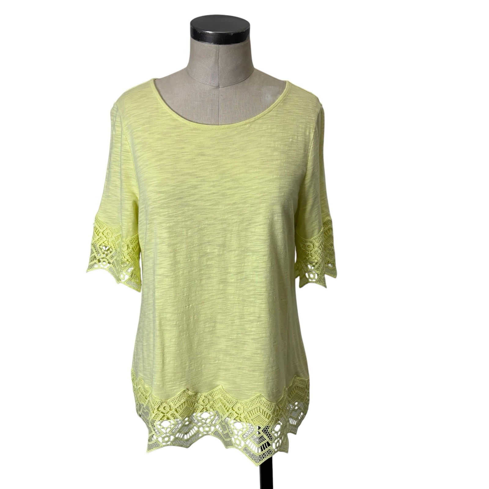 Chicos Lace Trim Slub Knit Blouse Top 1 / Medium Yellow 570321499