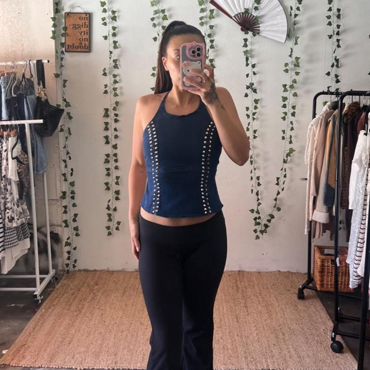 Vintage Y2K dark wash denim halter top with silver studs